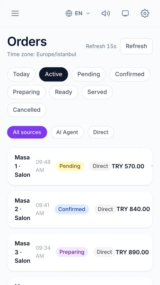 The Thmenu orders screen for staff: filters for pending, confirmed, preparing, ready and served, a source filter including AI Agent, and three table orders with their status
