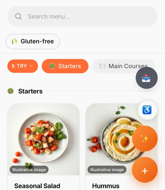 A Thmenu guest menu on a phone: search box, a gluten-free filter, currency picker, category tabs and the first two dishes with photos