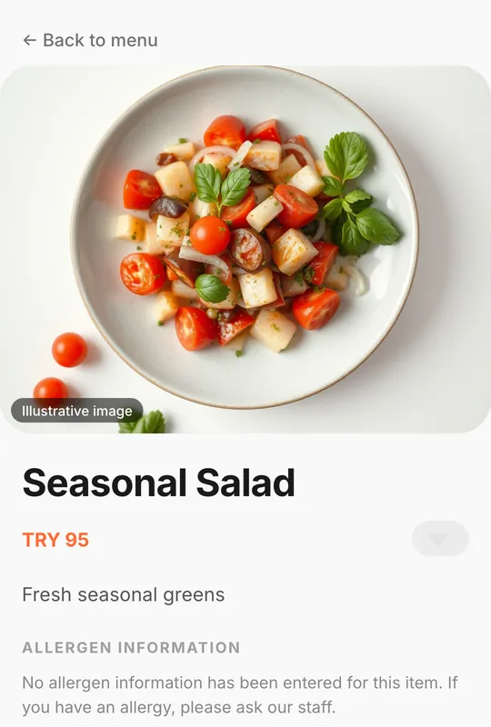 A Thmenu item page on a phone: dish photo labelled illustrative, the item name Seasonal Salad, its price and the allergen information section